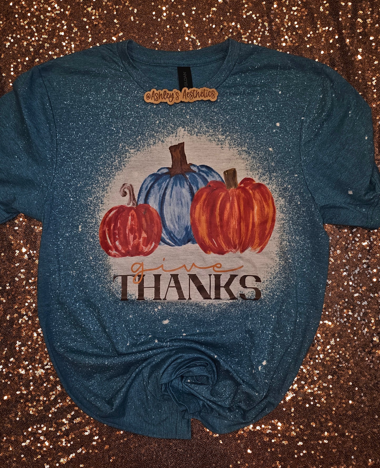 Give Thanks Pumpkins Bleached Teal Tee