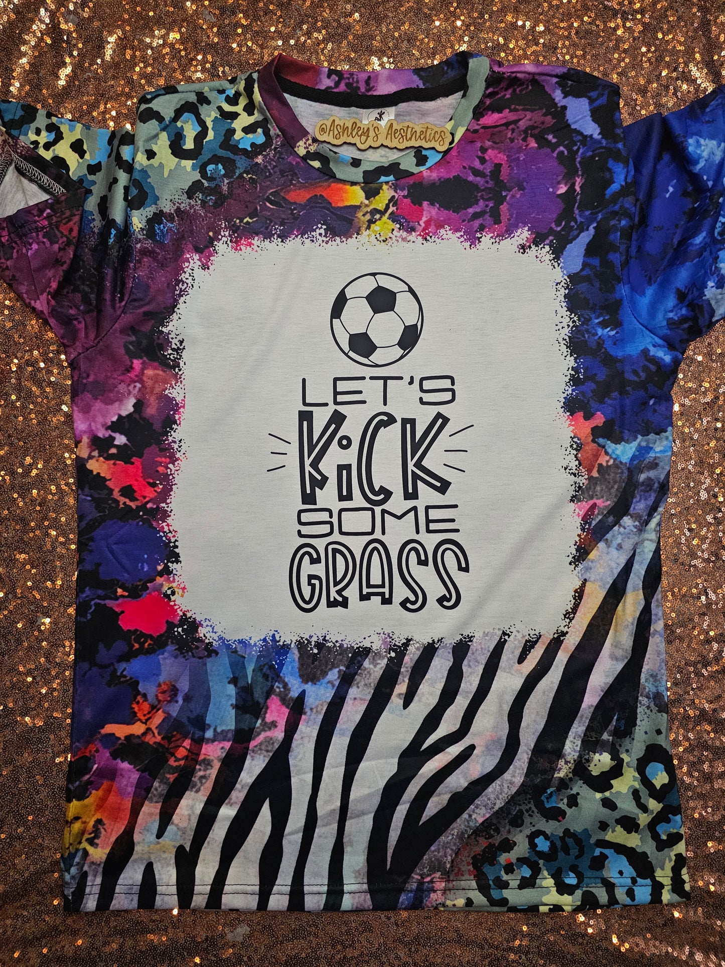 Soccer Let's Kick Some Grass Wild Zebra Bleached Tee