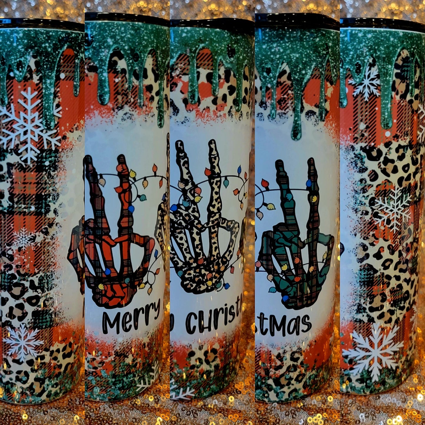 Merry Christmas Skeleton Hands Skinny Tumbler with Colored Lid